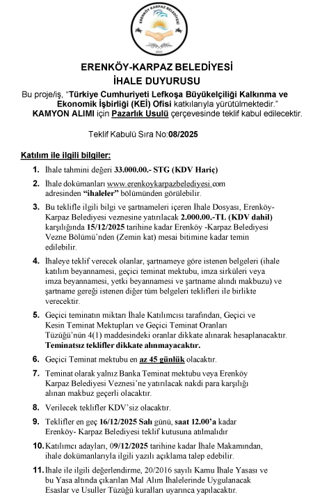 Kamyon Alımı İhalesi Gazete Duyurusu 1