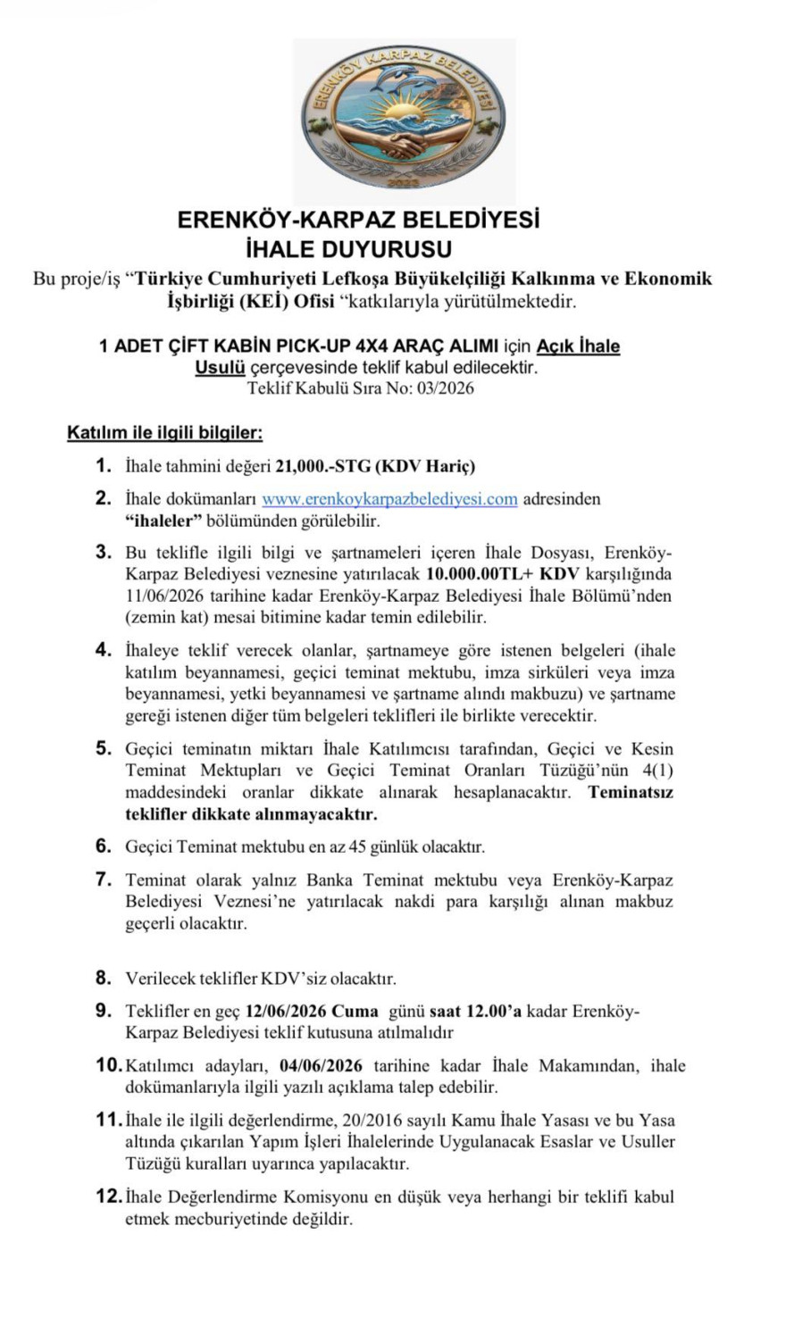 EKB İHALE DUYURUSU _&Ccedil;ift  Kabin Pick Up 4x4 Ara&ccedil; Alımı_