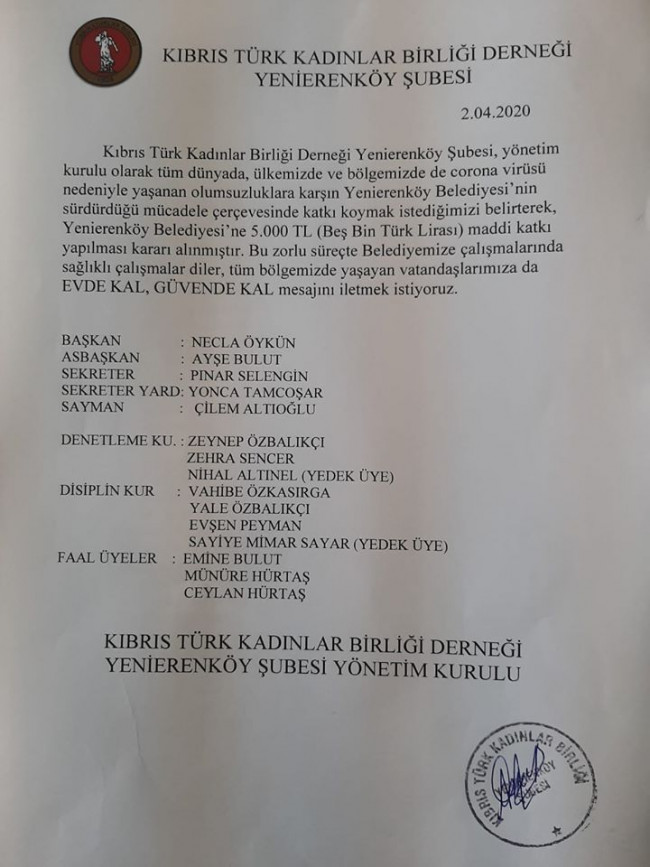 Kıbrıs Türk Kadınlar Birliği Derneği / Yenierenköy Şubesi belediyemize corona virüs ile mücadele bağlamında 5000 TL katkı yapmıştır.