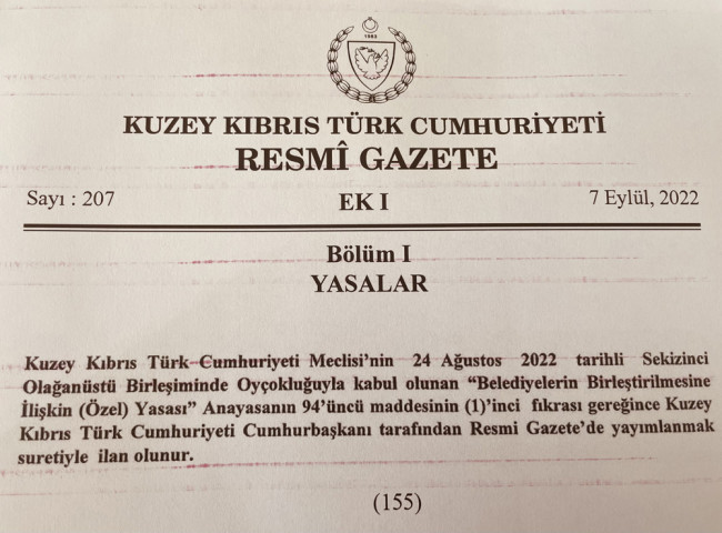 Sayı: 15/2022 BELEDİYELERİN BİRLEŞTİRİLMESİNE İLİŞKİN (ÖZEL) YASA  28/2022 sayılı değişiklik Yasasıyla değiştirilmiş şekliyle