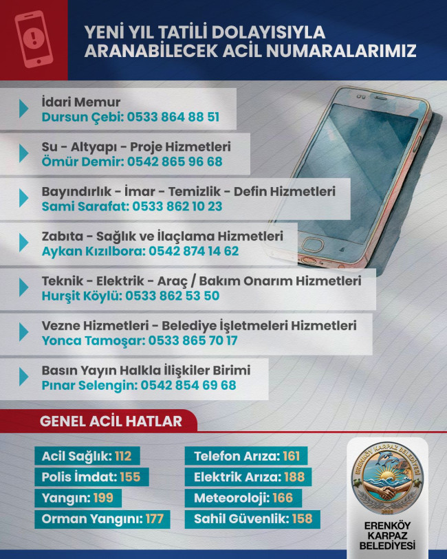 Yeni Yıl dolayısıyla ulaşılabilecek numaralarımız