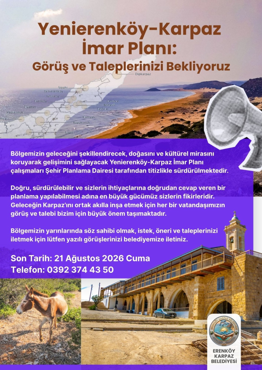 Yenierenk&ouml;y-Karpaz İmar Planı &ccedil;alışmaları i&ccedil;in g&ouml;r&uuml;şlerinizi bekliyoruz