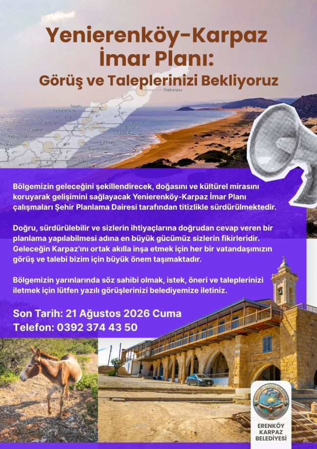 Yenierenk&ouml;y-Karpaz İmar Planı &ccedil;alışmaları i&ccedil;in g&ouml;r&uuml;şlerinizi bekliyoruz